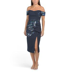 DRESS THE POPULATION Navy Multi Alani Off The Shoulder Sequin Dress